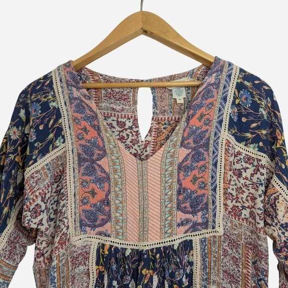 Sundance My Favorite Dress Patchwork Floral Boho Mini Navy Coral Medium - Picture 4 of 8